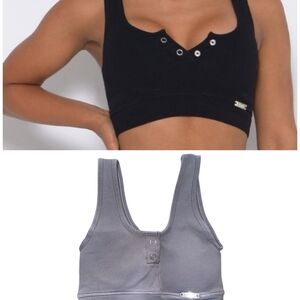TWO Bombshell Henley Sports Bras Black and Gray Women's Crop Tops